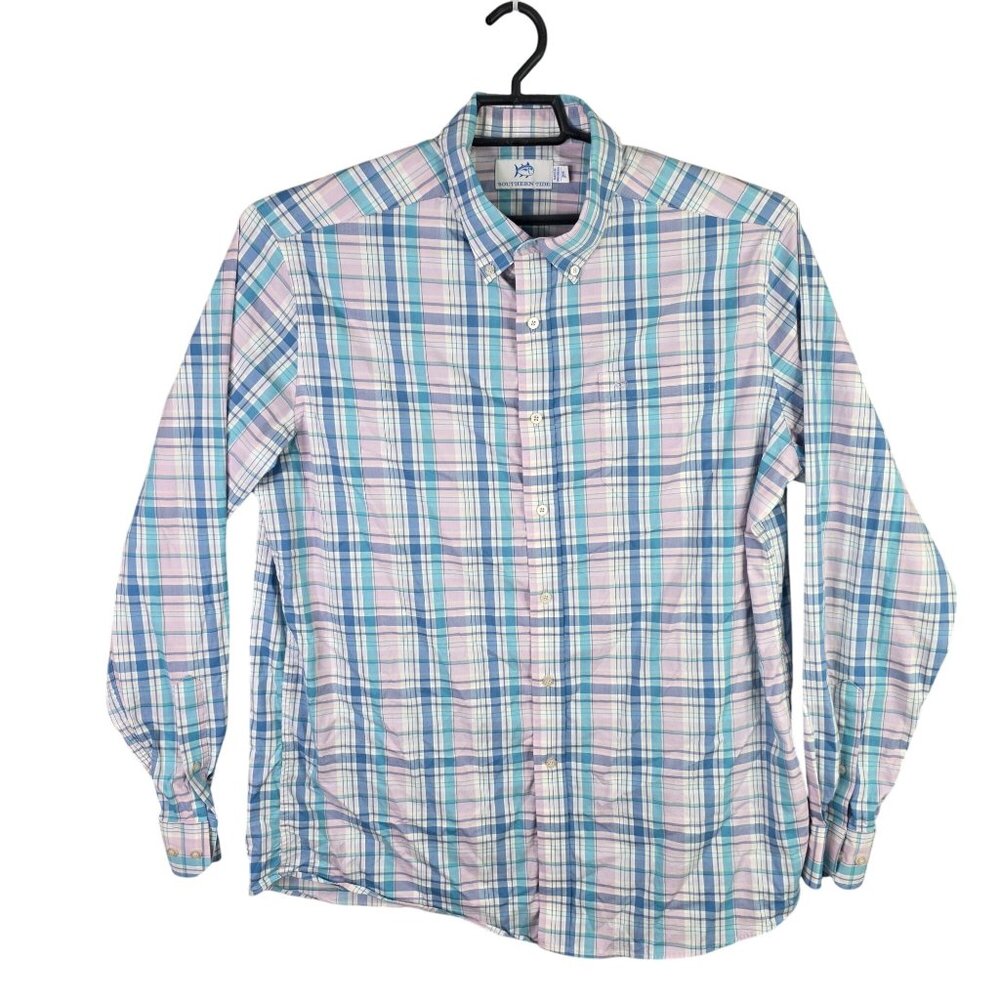 Mens Southern Tide Blue Pink Plaid Shirt Button Down Long Sleeve Cotton Blend XL